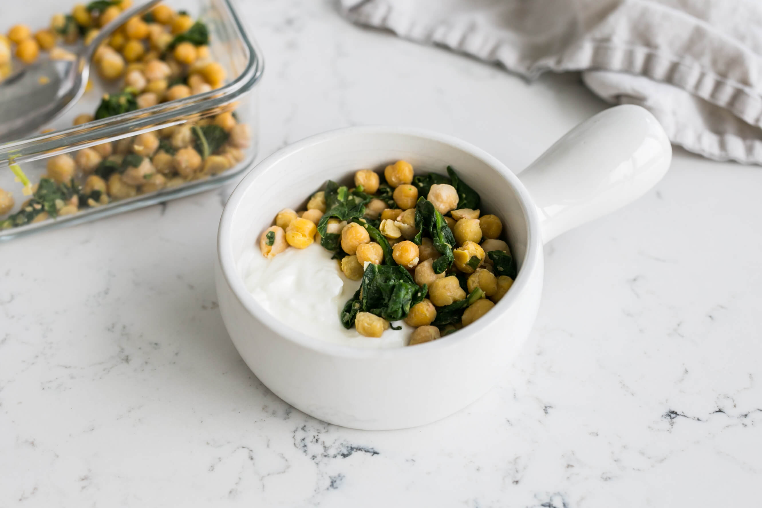 20 Healthy Meals to Help Your Clients Eat Healthy on a Tight Budget: Fried Chickpeas & Spinach Yogurt Bowl