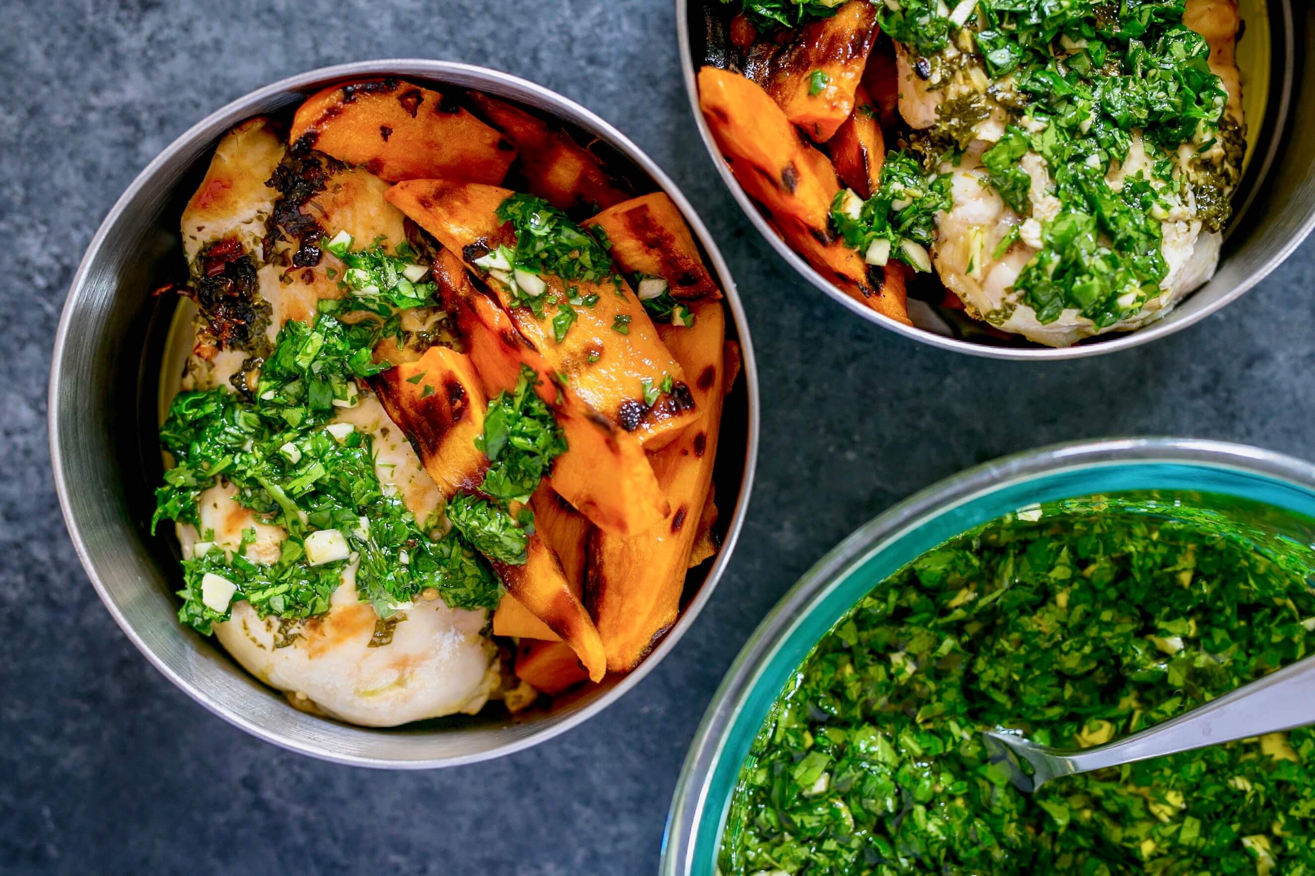 20 Summer-Inspired Meals Your Clients Will Love: BBQ Chimichurri Chicken with Sweet Potato Wedges