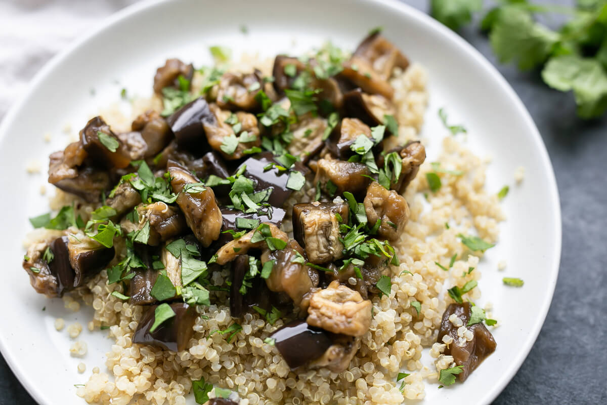 20 Low-Fat Oil-Free Meals Your Clients Will Love: Marinated Eggplant with Quinoa