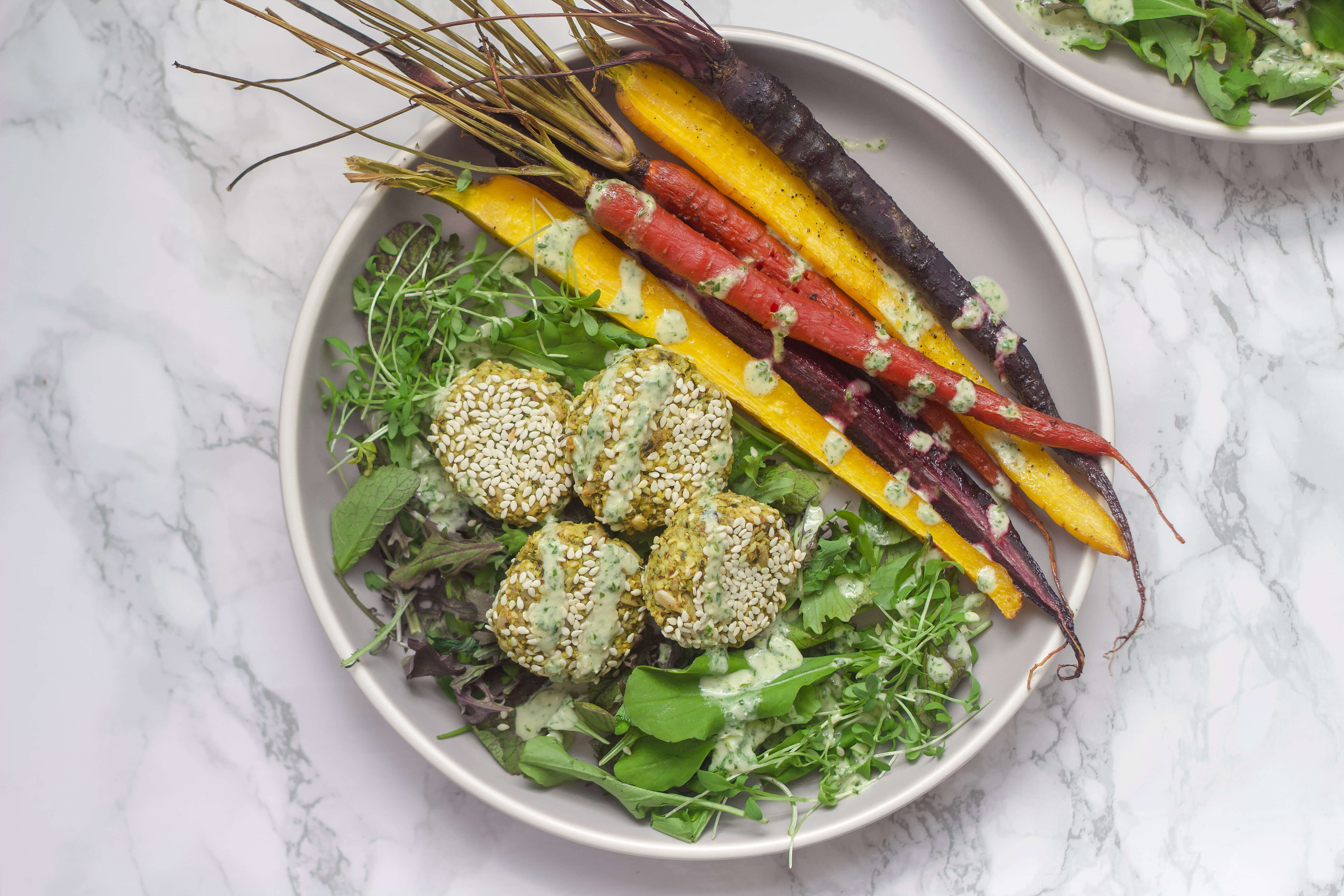 20 High Protein, Plant-Based Meals Your Clients Will Love: Paleo Falafel Salad with Mint Tahini Sauce