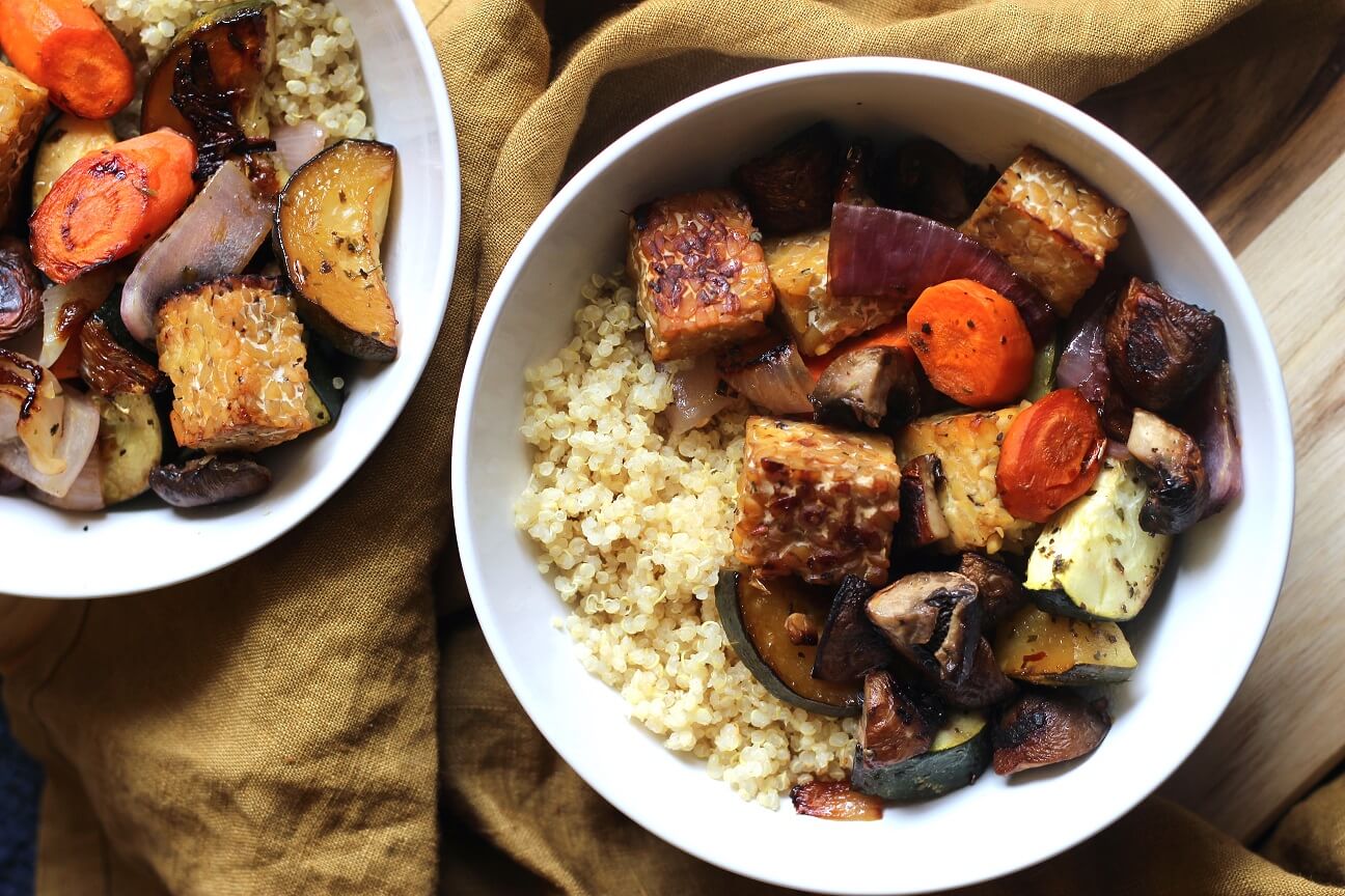 20 High Protein, Plant-Based Meals Your Clients Will Love: Balsamic Roasted Tempeh Bowls