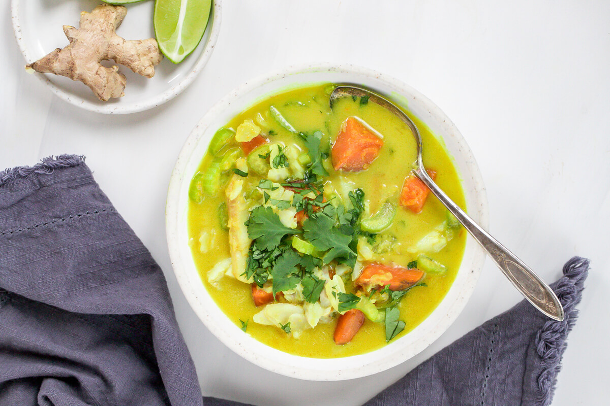 20 Healthy Fall & Thanksgiving Meal Ideas Your Clients Will Love: Coconut Cod Chowder