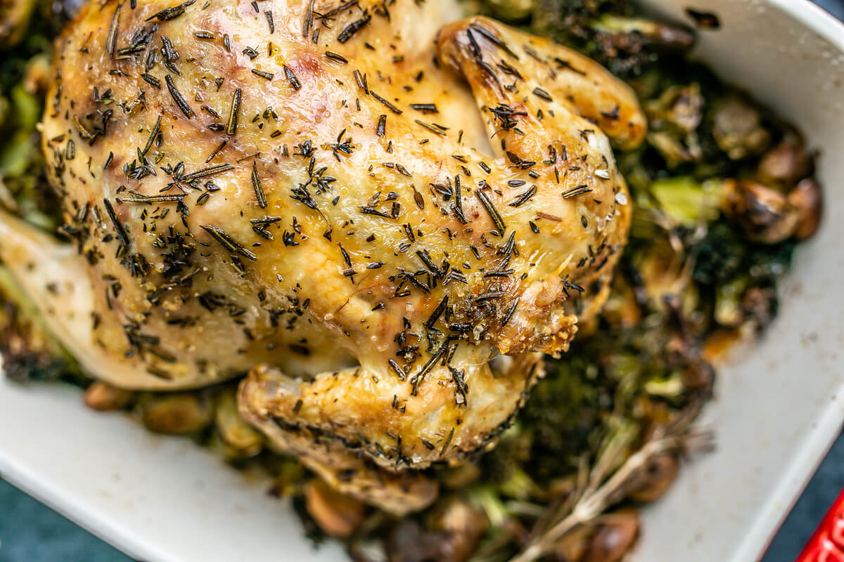 20 Healthy Fall & Thanksgiving Meal Ideas Your Clients Will Love: Herb & Garlic Whole Roasted Chicken with Veggies