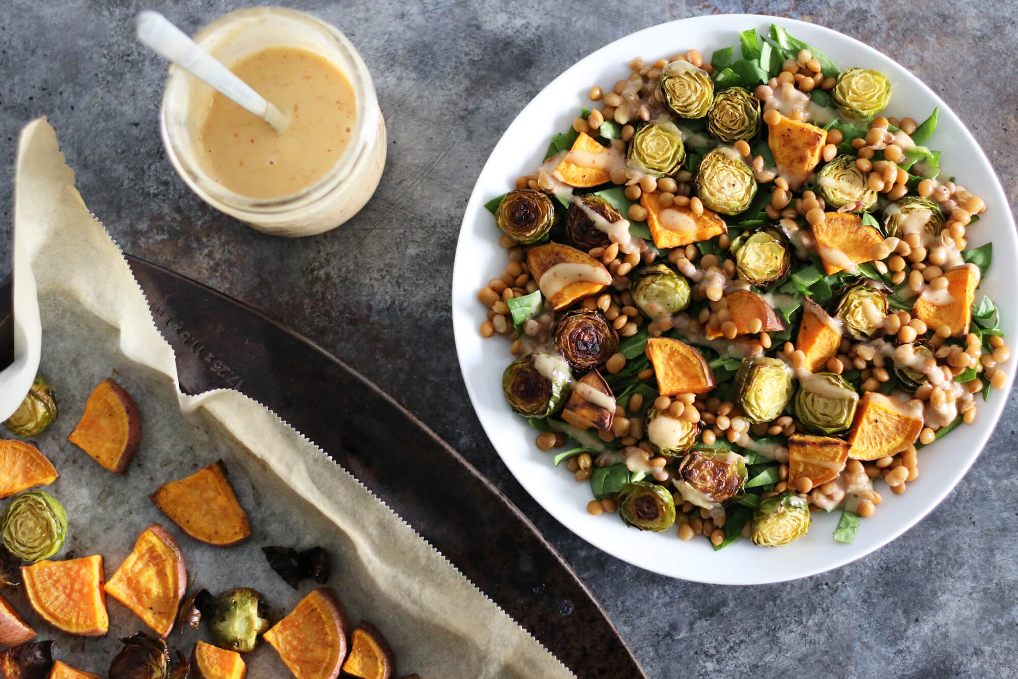 20 Healthy Fall & Thanksgiving Meal Ideas Your Clients Will Love: Roasted Sweet Potato & Brussels Sprouts Salad