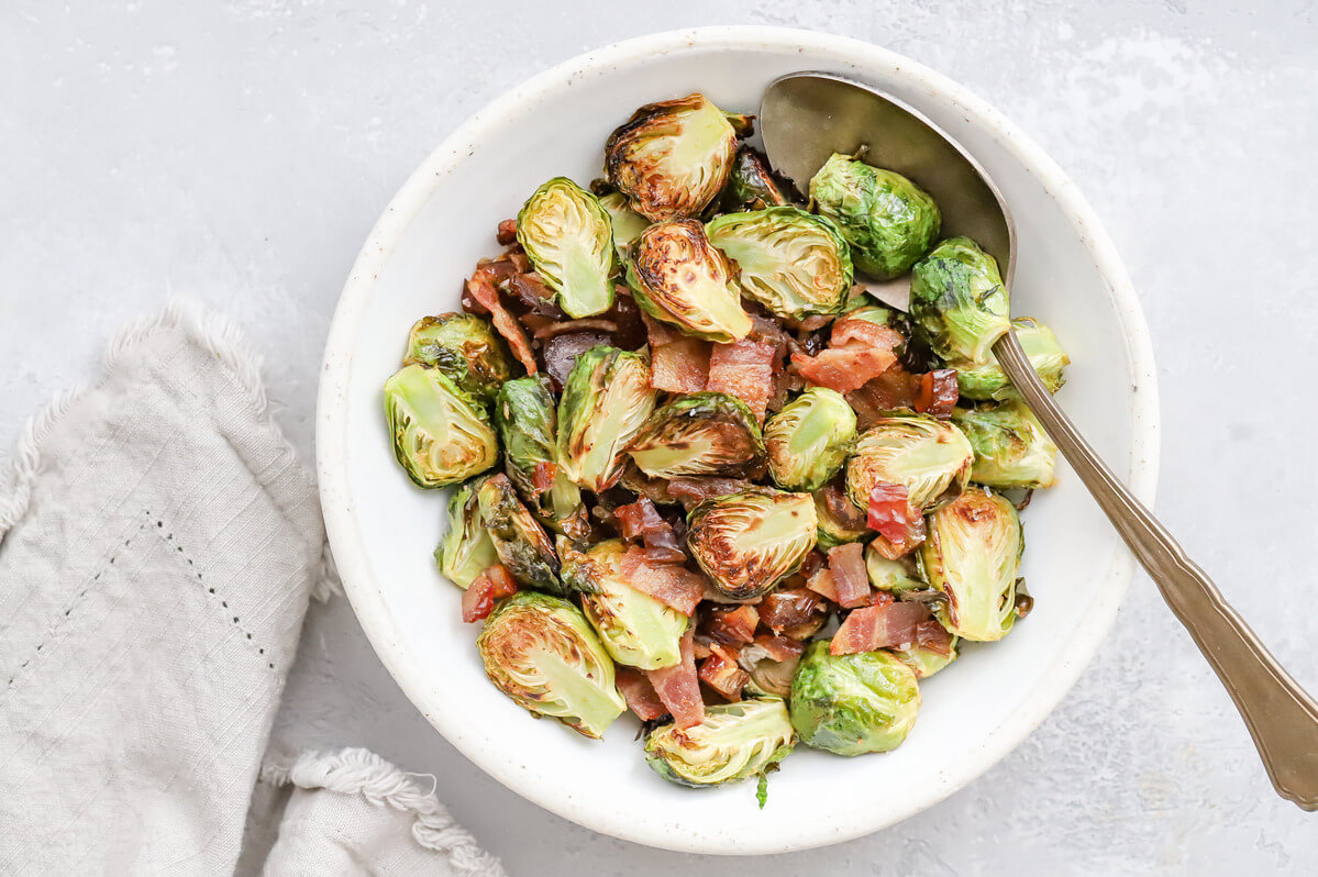 20 Healthy Fall & Thanksgiving Meal Ideas Your Clients Will Love: Roasted Brussels Sprouts with Bacon & Dates