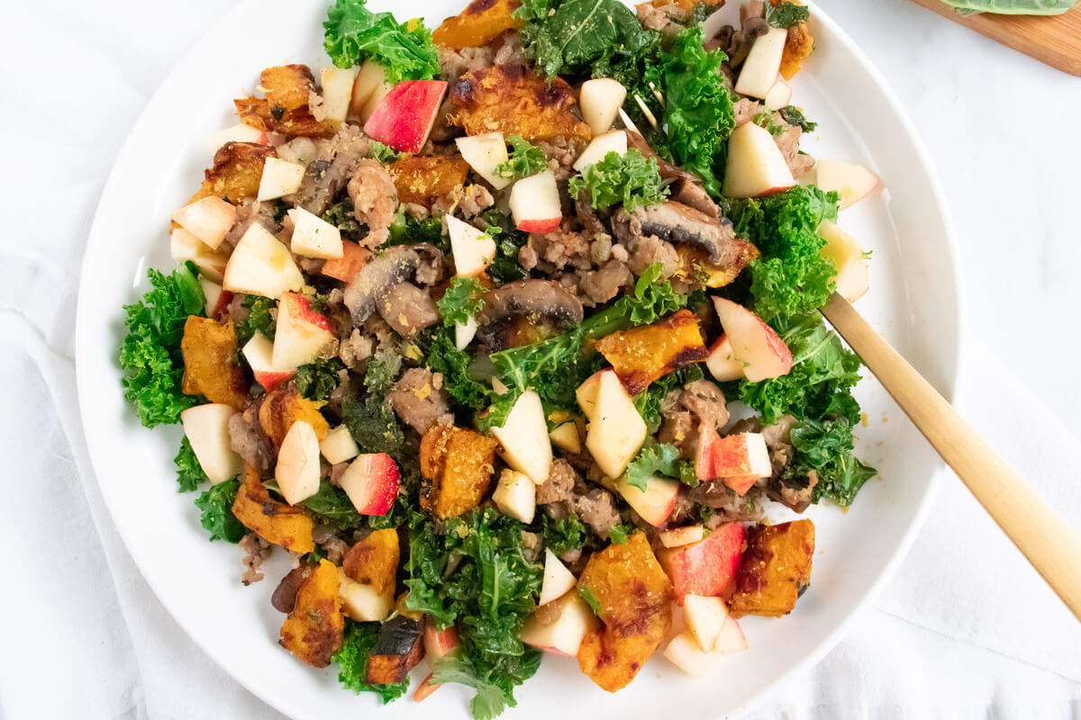 20 Healthy Fall & Thanksgiving Meal Ideas Your Clients Will Love: Acorn Squash & Sausage Hash