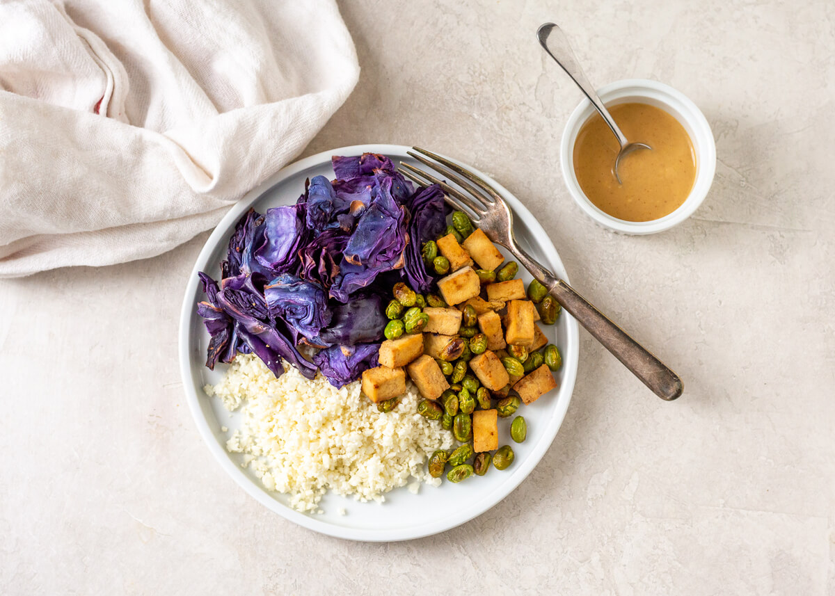 21 One Pan Meal Ideas Your Clients Will Love: Baked Tofu & Cabbage with Peanut Ginger Sauce
