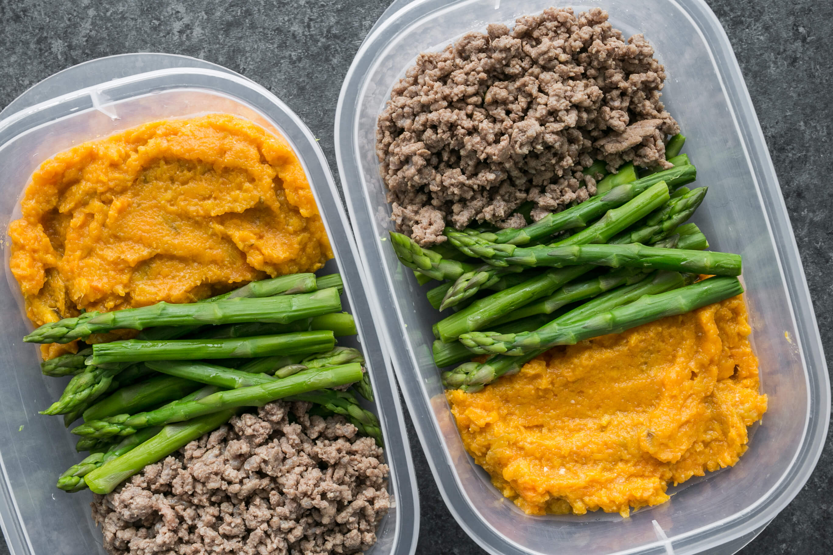 220 Simple Meals to Help Your Clients Hit Their Macros: Ground Beef, Asparagus & Mashed Sweet Potatoes