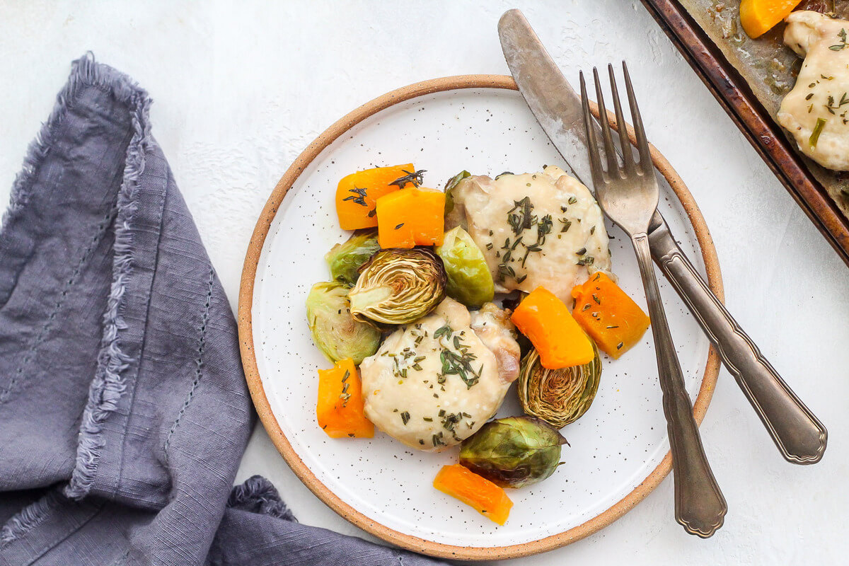 20 Simple Meals to Help Your Clients Hit Their Macros: One Pan Chicken, Brussels Sprouts & Squash