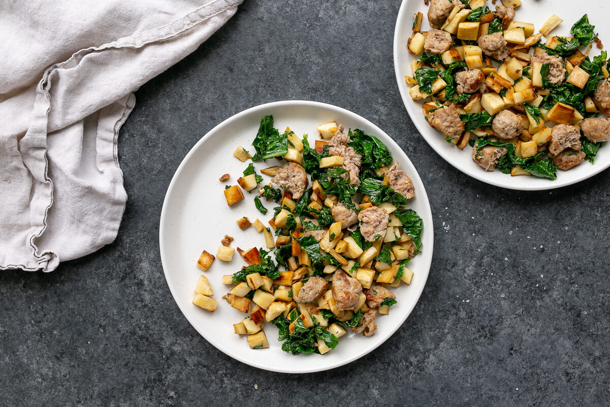20 Simple Meals to Help Your Clients Hit Their Macros: One Pan Sausage, Kale & Jicama Home Fries