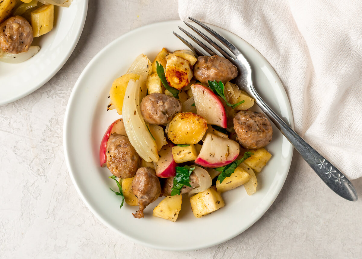 21 One Pan Meal Ideas Your Clients Will Love: One Pan Sausage with Parsnips & Apples