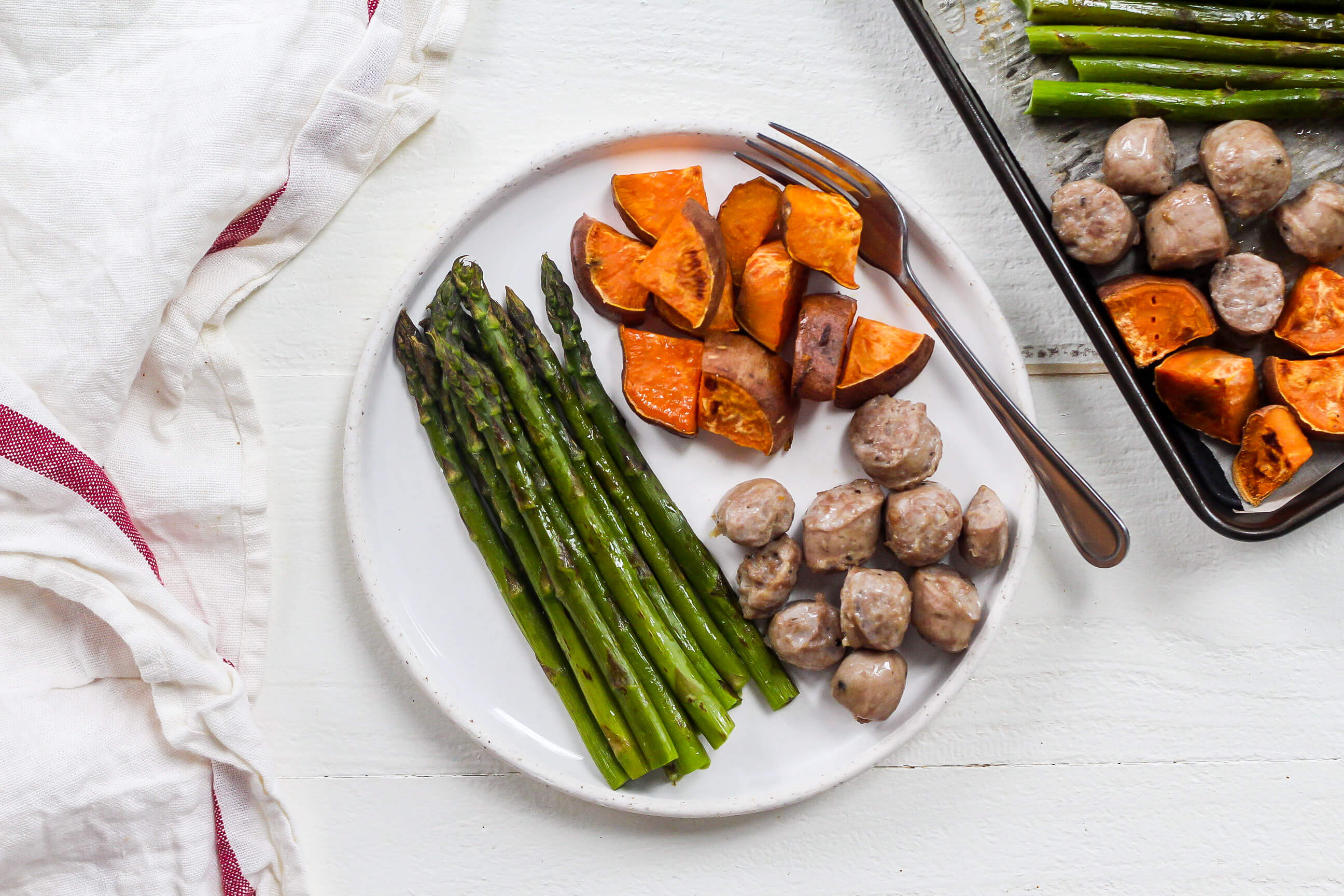 20 Simple Meals to Help Your Clients Hit Their Macros: One Pan Sausage, Sweet Potato & Asparagus