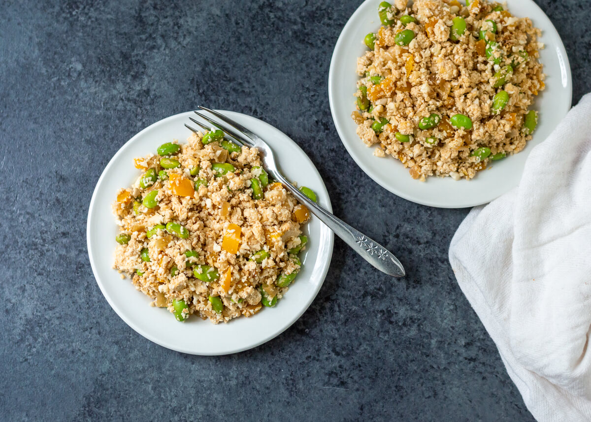 21 One Pan Meal Ideas Your Clients Will Love: Spicy Edamame Fried Cauliflower Rice