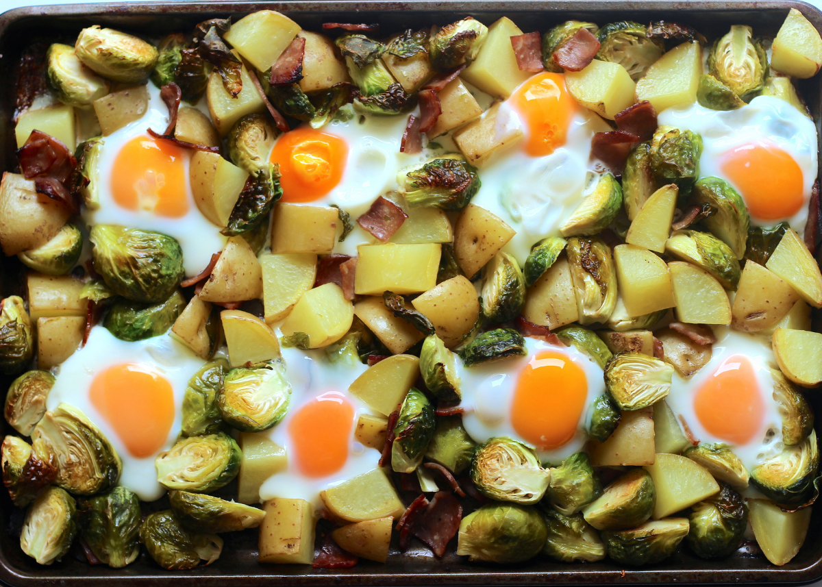 21 One Pan Meals Your Clients Will Love:  One Pan Bacon, Eggs & Brussels Sprouts