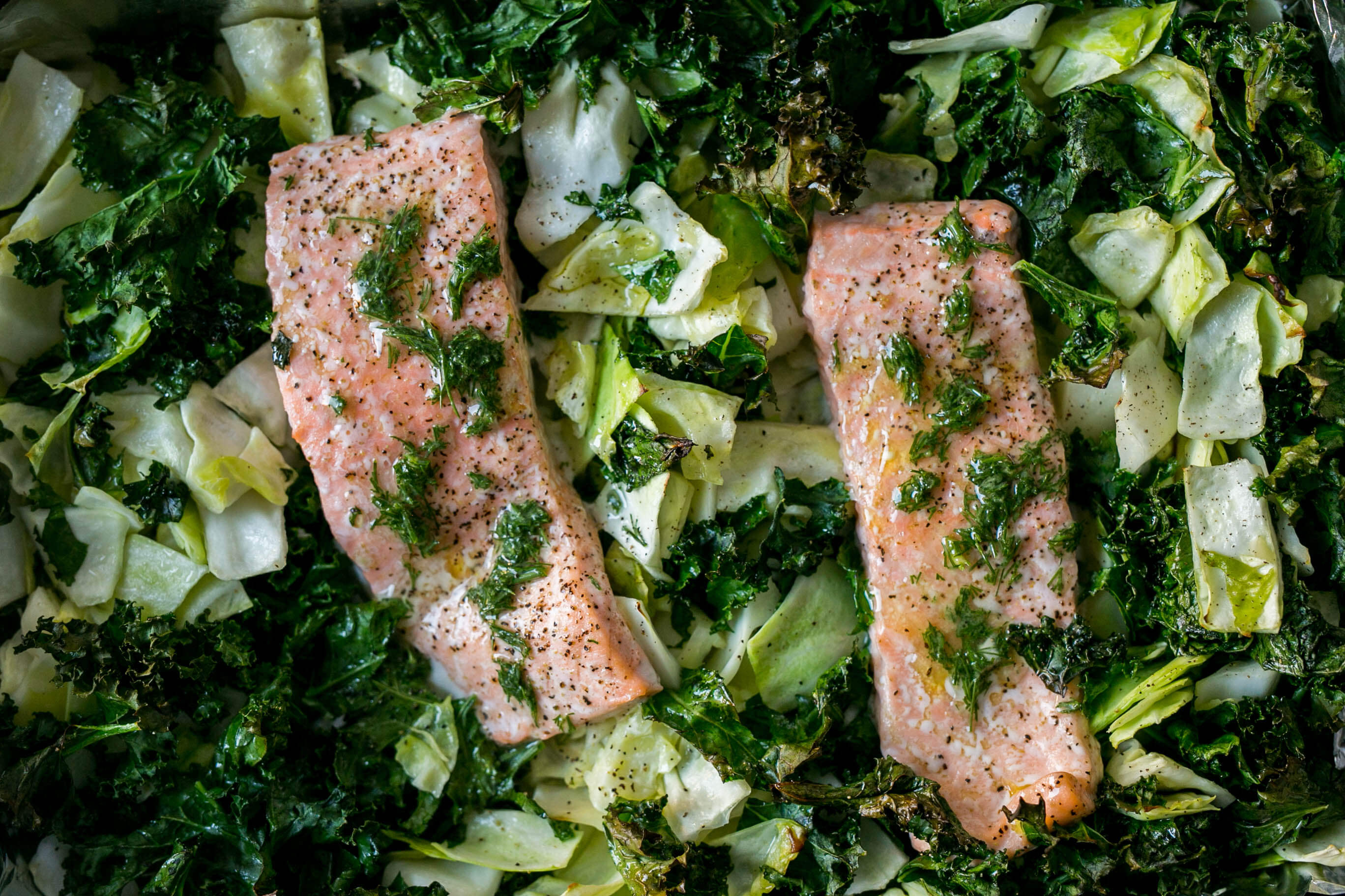 21 One Pan Meal Ideas Your Clients Will Love: One Pan Salmon, Kale & Cabbage