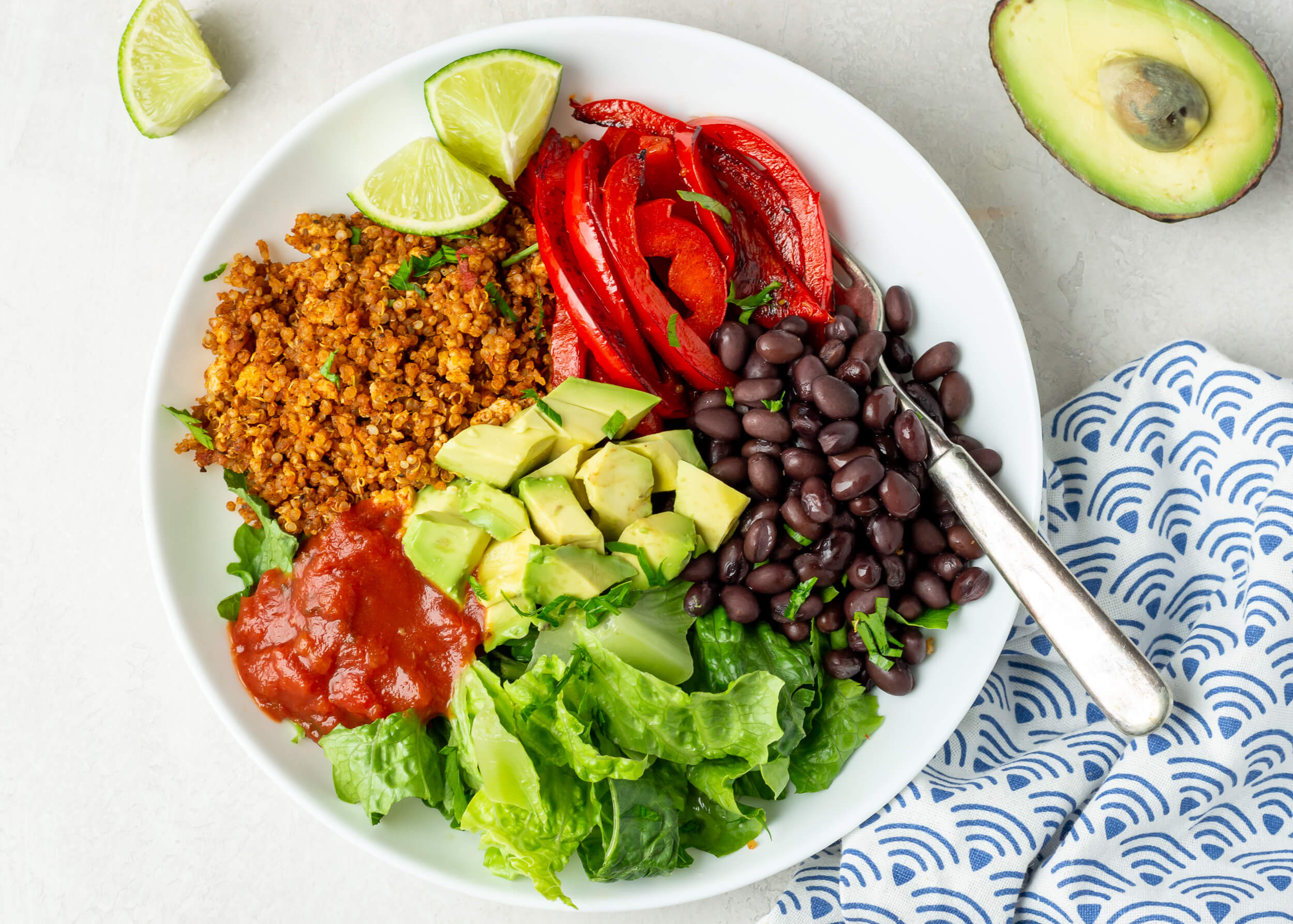 21 Recipe Ideas to Help Manage Your Clients Blood Sugar: Burrito Bowl with Quinoa Tofu Taco Filling
