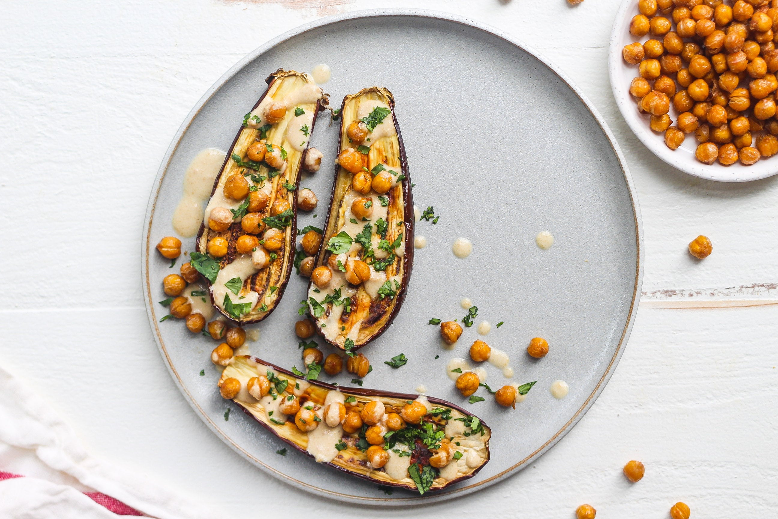 20 Meals Your Postnatal Clients Will Love: Eggplant & Crispy Chickpeas with Tahini