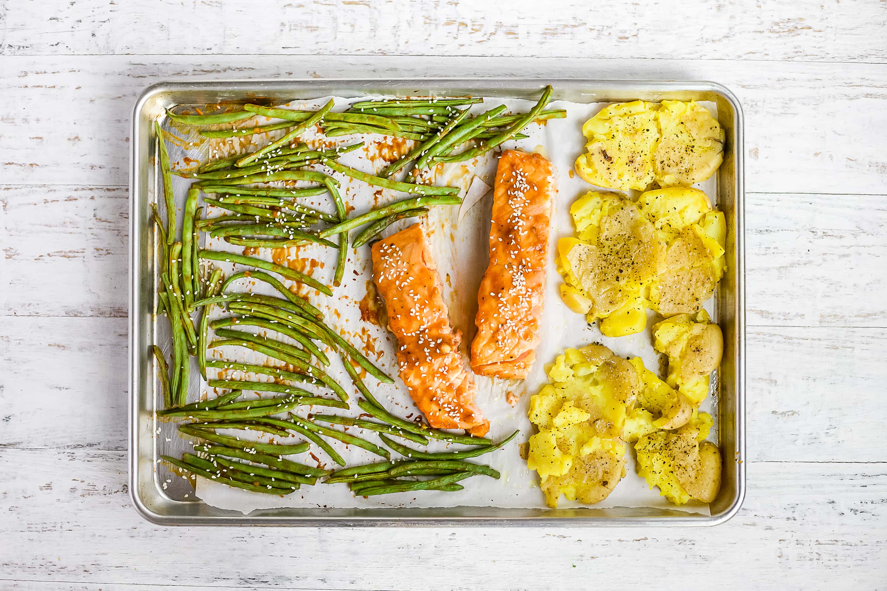 20 Meal Ideas to Support Your Clients Oral Health:One Pan Salmon, Green Beans & Smashed Potatoes