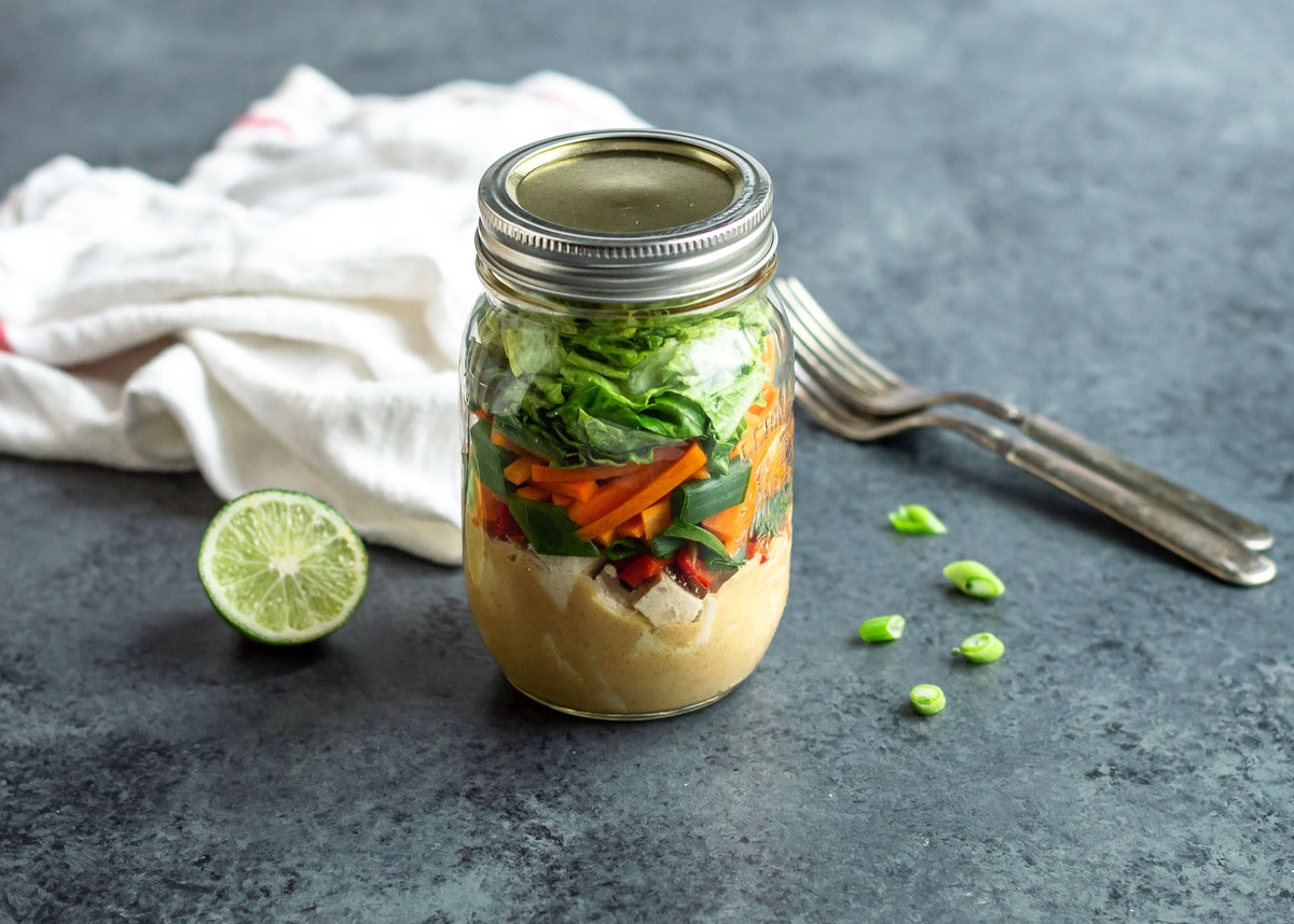 20 Meal Ideas to Support Your Clients Oral Health:Peanut Lime Chicken Mason Jar Salad