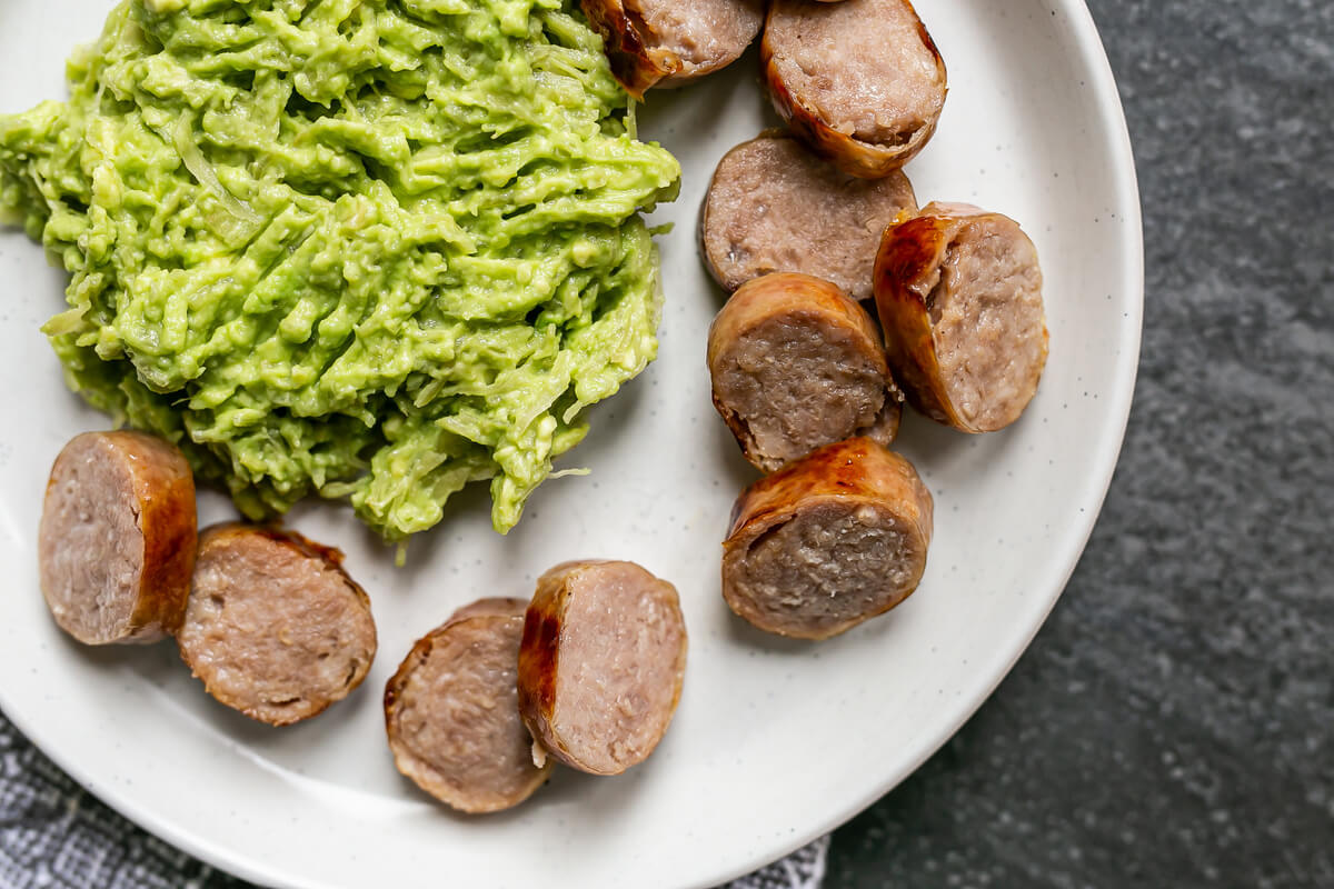 20 Meal Ideas to Help Clients with Eczema: Sausage with Sauerkraut & Avocado Mash