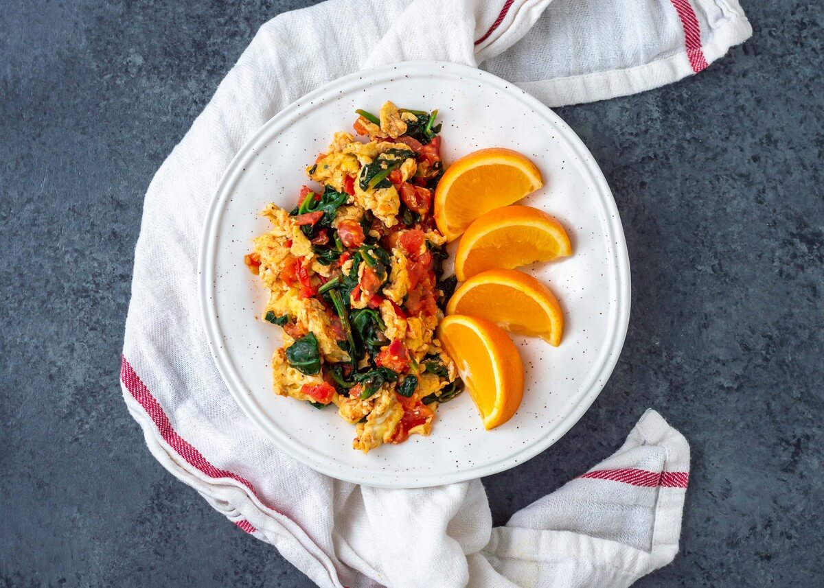 20 Meal Ideas to Help Clients Manage Acne: Spinach Scramble with Fruit