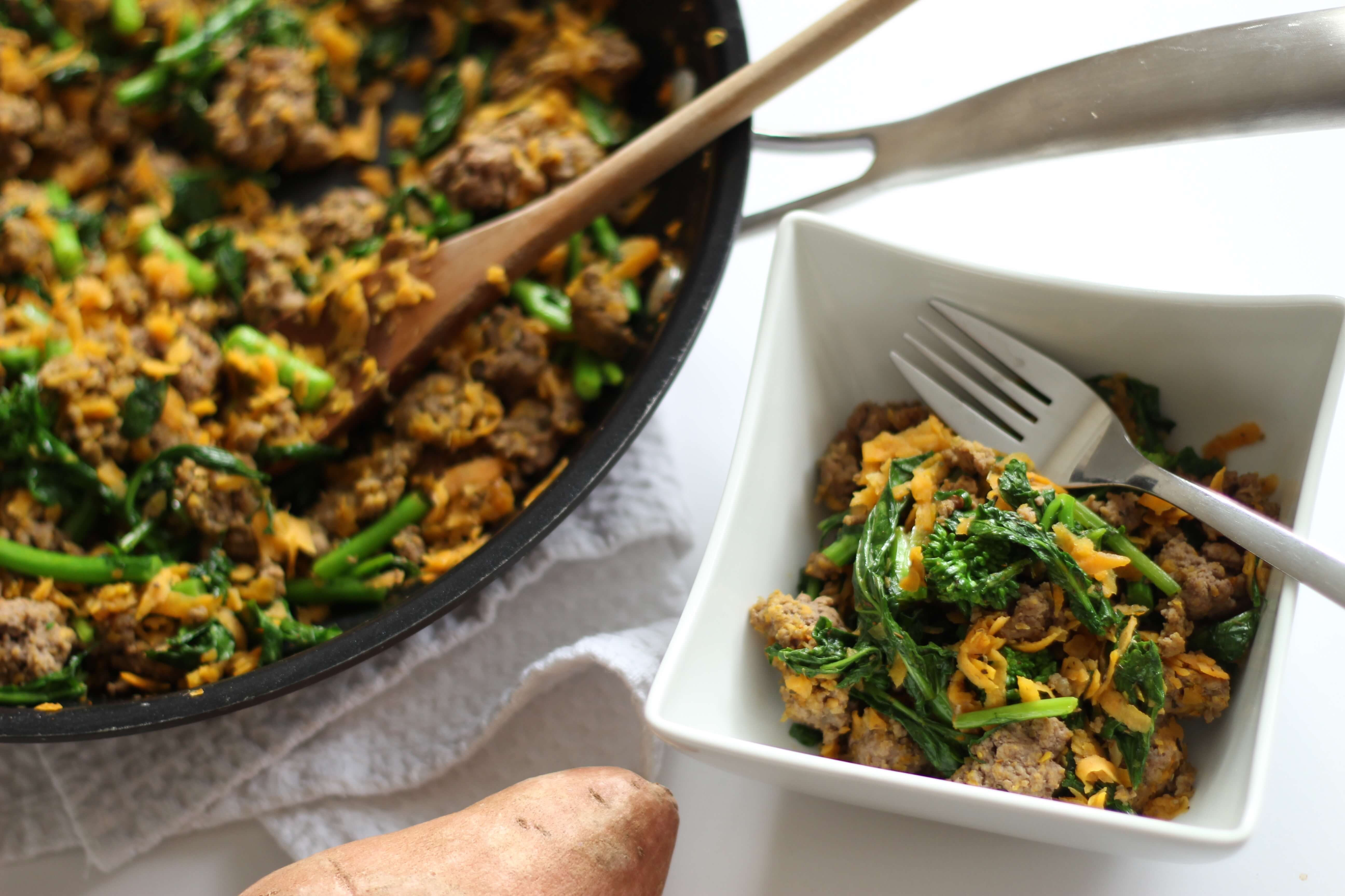 20 Meal Ideas to Help Clients with Eczema: Beef, Sweet Potato & Rapini Skillet