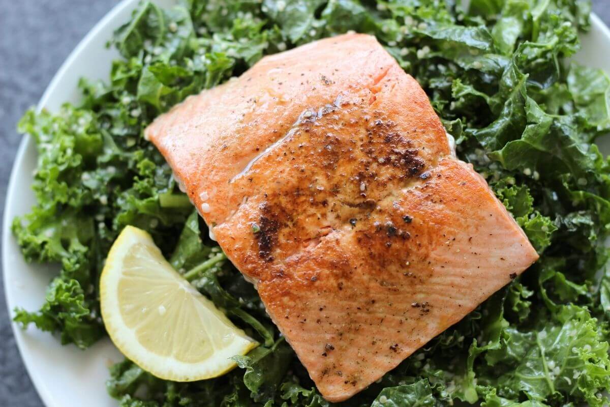 20 Meal Ideas to Help Clients with Eczema: Massaged Kale Salad with Salmon