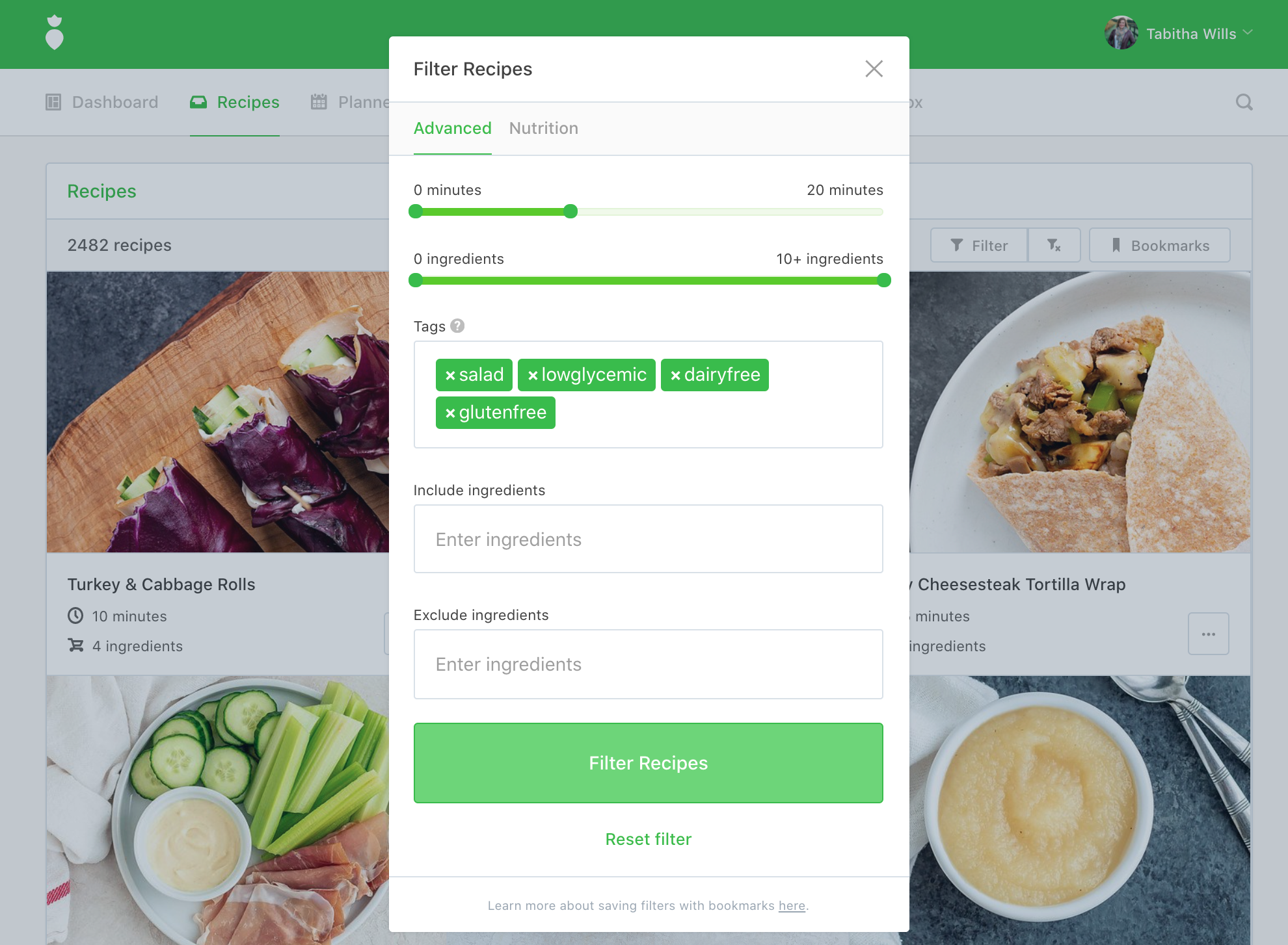screenshot filters with salad, low-glycemic, gluten-free, dairy-free