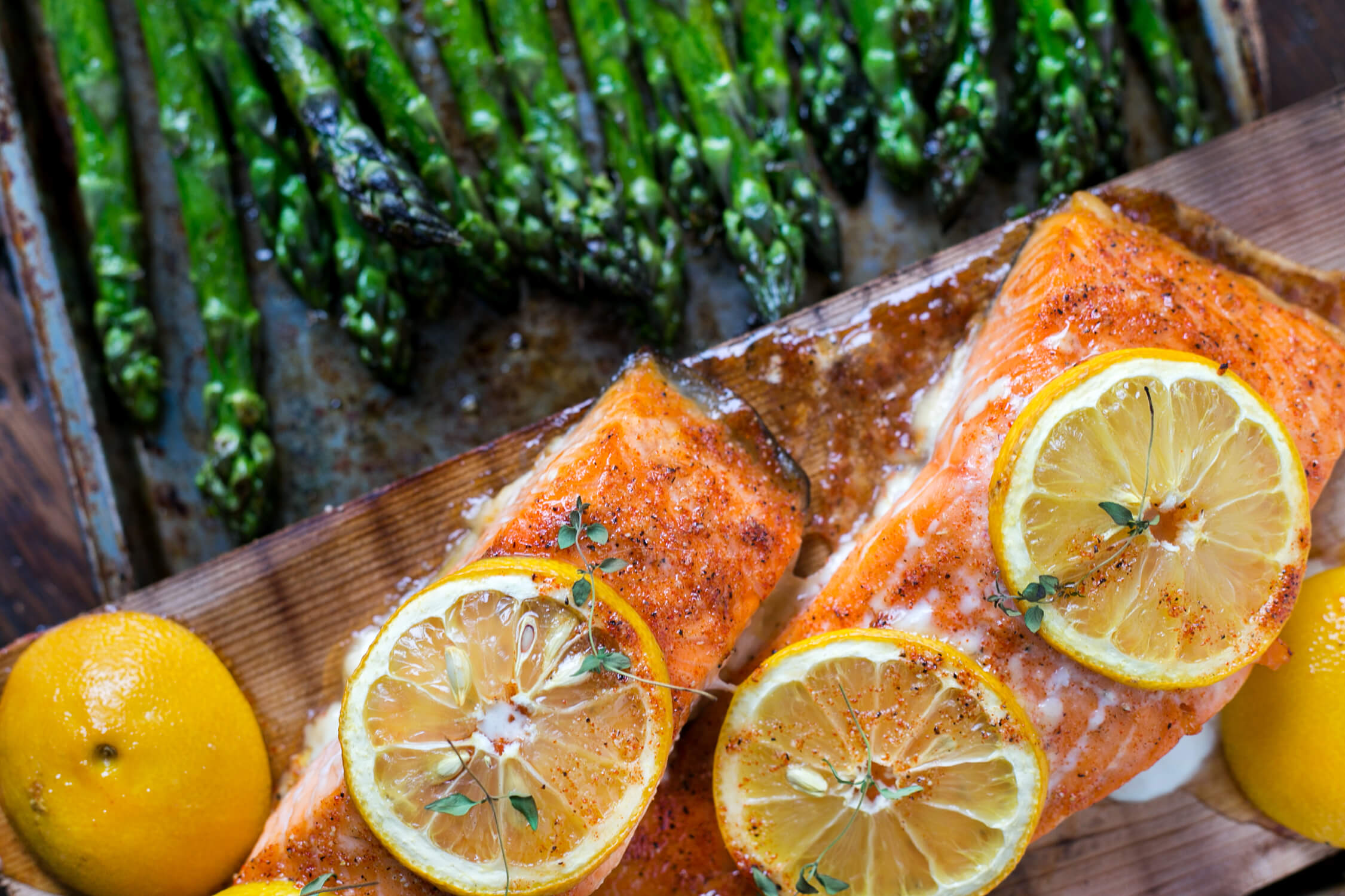20 Meal Ideas Your Clients Can Grill This Summer: Cedar Planked Salmon with Grilled Asparagus