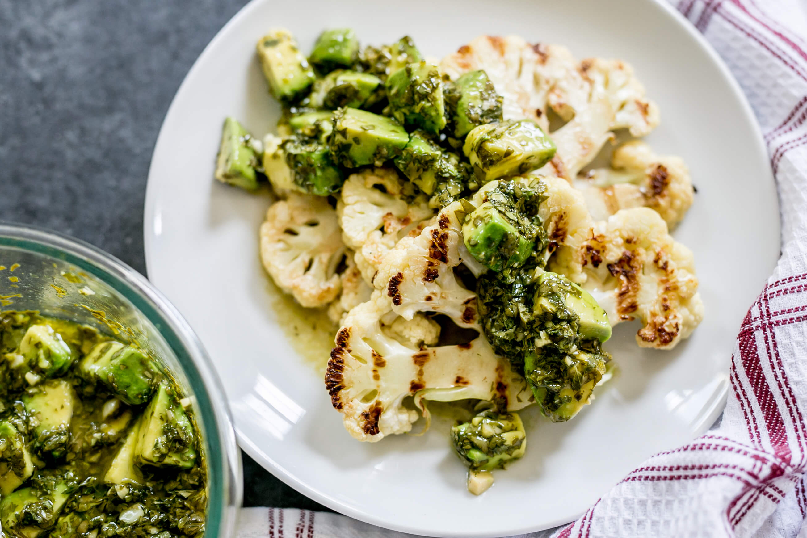 20 Meal Ideas Your Clients Can Grill This Summer: Grilled Cauliflower Steaks with Avocado Chimichurri